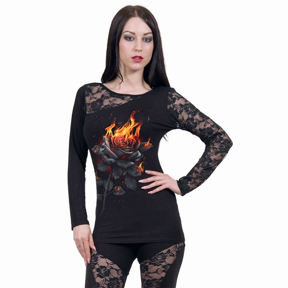 Spiral direct flaming rose womens Lace One Shoulder Top Black gothic new